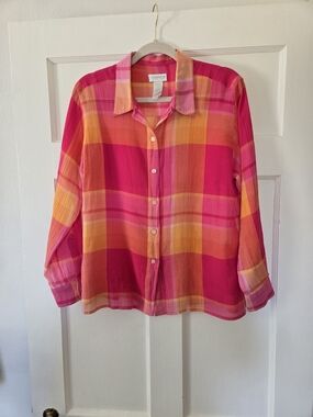 Liz Claiborne Pink and Orange Plaid Cotton Button-Up